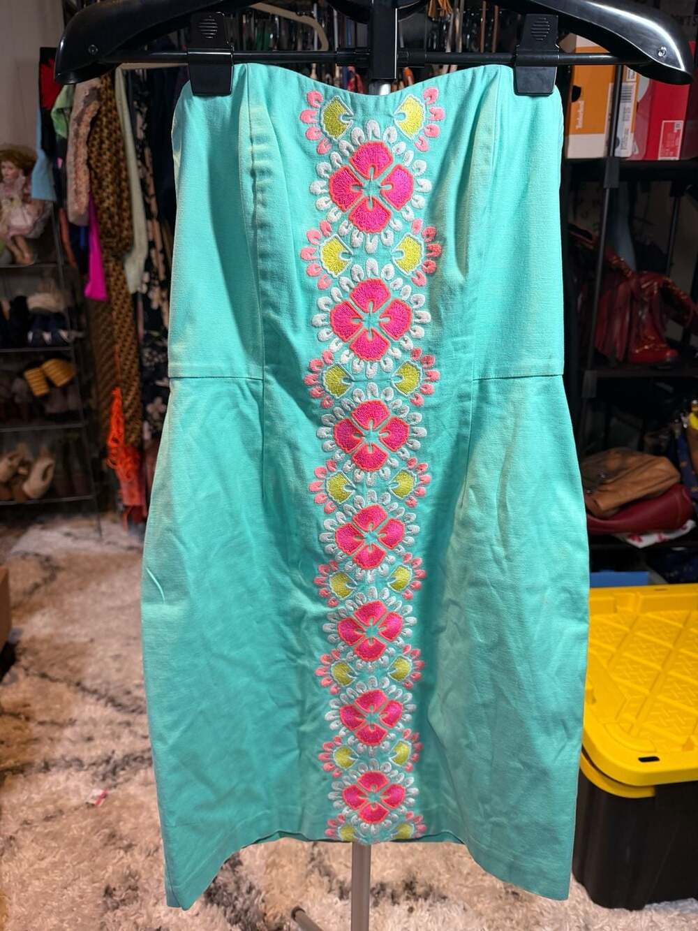 Vineyard Vines Caribbean Floral Embroidered Strapless Turquoise Form Fit Dress